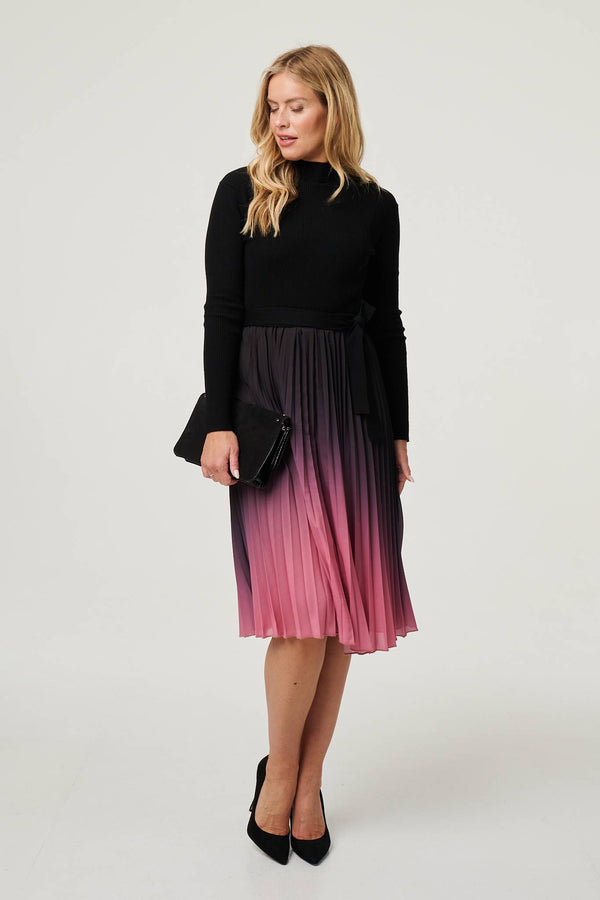 Black | Ombre Tie Waist Pleated Knit Midi Dress : Model is 5'10"/178 cm and wears UK8/EU36/US4/AUS8
