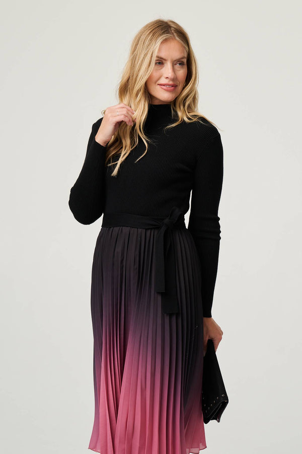 Black | Ombre Tie Waist Pleated Knit Midi Dress
