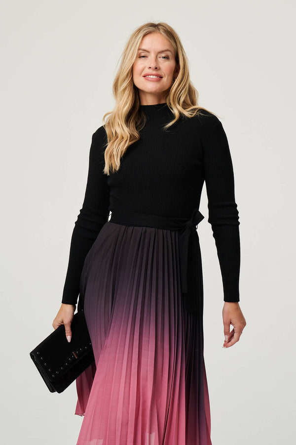 Black | Ombre Tie Waist Pleated Knit Midi Dress

