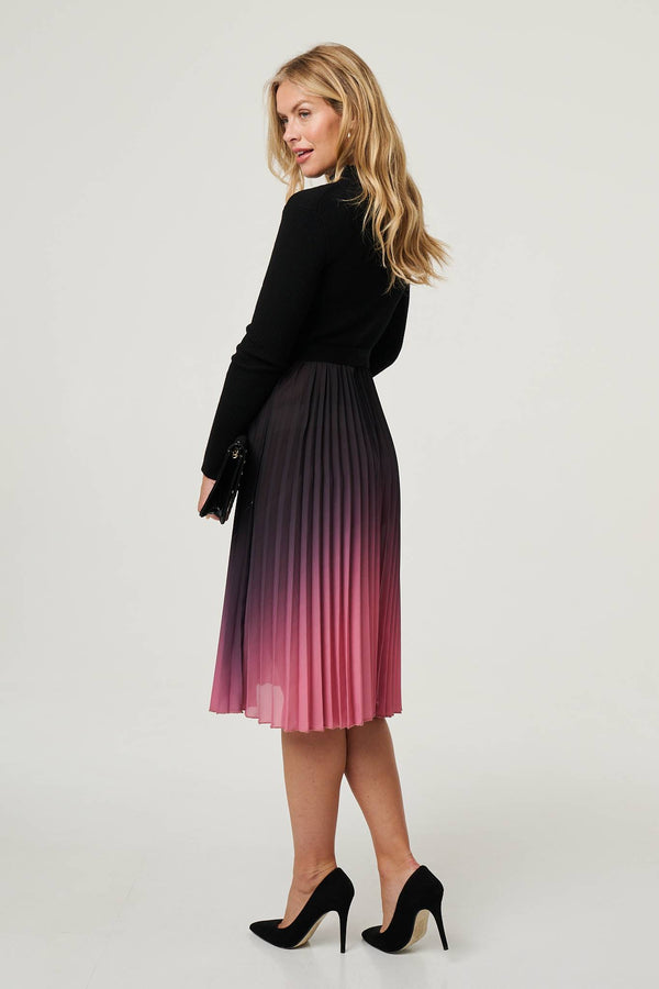 Black | Ombre Tie Waist Pleated Knit Midi Dress
