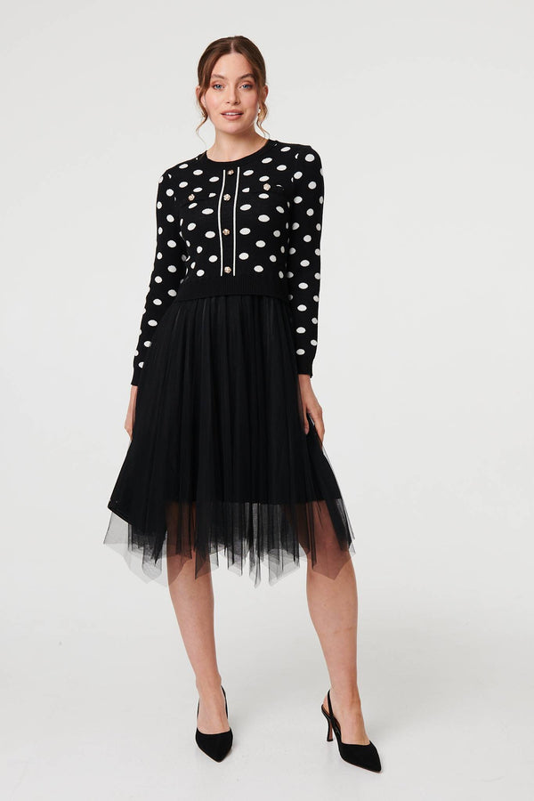 Black | Polka Dot Semi Sheer Mesh Midi Dress