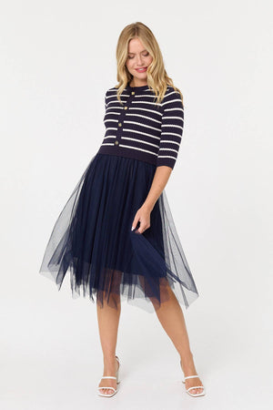 Navy | Striped Knit Mesh Hanky Hem Midi Dress
