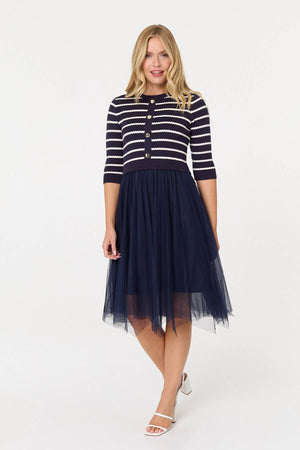 Navy | Striped Knit Mesh Hanky Hem Midi Dress
