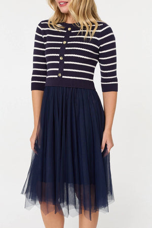 Navy | Striped Knit Mesh Hanky Hem Midi Dress
