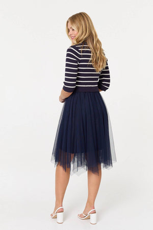 Navy | Striped Knit Mesh Hanky Hem Midi Dress
