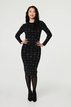 Black | Geo Diamante Detail Slim Knit Midi Dress
