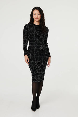 Black | Geo Diamante Detail Slim Knit Midi Dress
