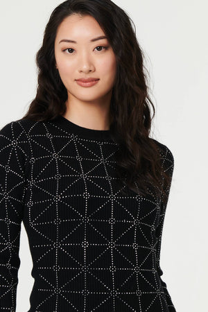 Black | Geo Diamante Detail Slim Knit Midi Dress
