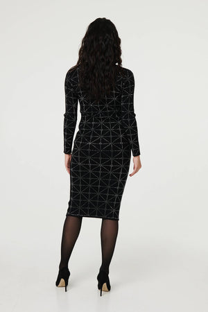 Black | Geo Diamante Detail Slim Knit Midi Dress
