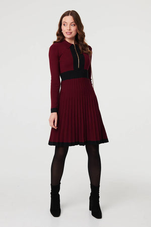 Red | Colour Block Zip Knit Knee Length Dress
