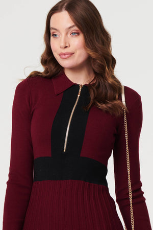 Red | Colour Block Zip Knit Knee Length Dress
