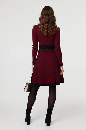 Red | Colour Block Zip Knit Knee Length Dress
