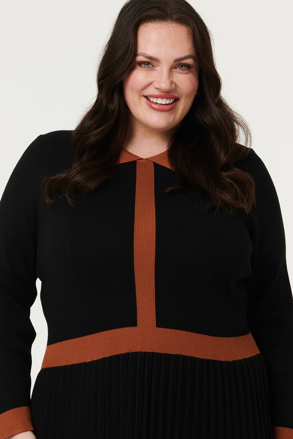 Black | Curve Border Print Pleated Knit Knee Length Dress