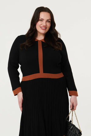 Black | Curve Border Print Pleated Knit Knee Length Dress