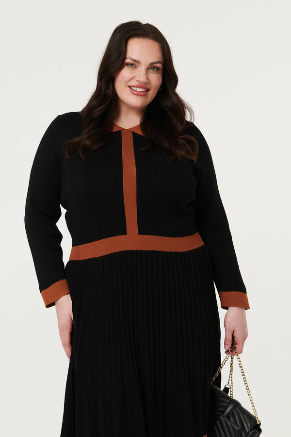 Black | Curve Border Print Pleated Knit Knee Length Dress