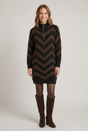 Black | Chevron Print Zip Neck Short Knit Dress