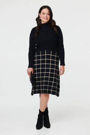 Black | Curve Checked High Neck Knit Midi Dress : Model is 5'8
