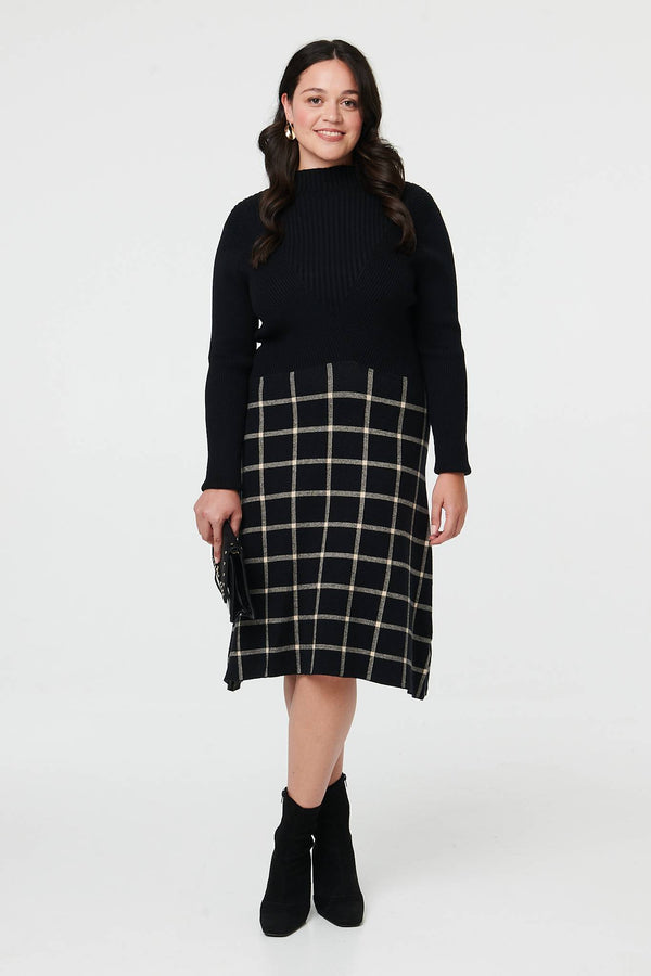 Black | Curve Checked High Neck Knit Midi Dress