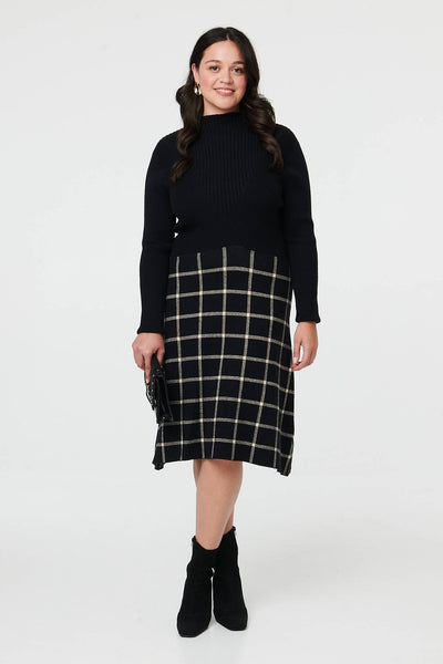 Black | Curve Checked High Neck Knit Midi Dress
