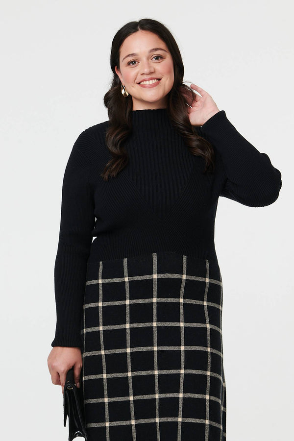 Black | Curve Checked High Neck Knit Midi Dress