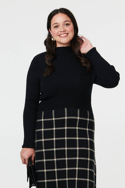 Black | Curve Checked High Neck Knit Midi Dress