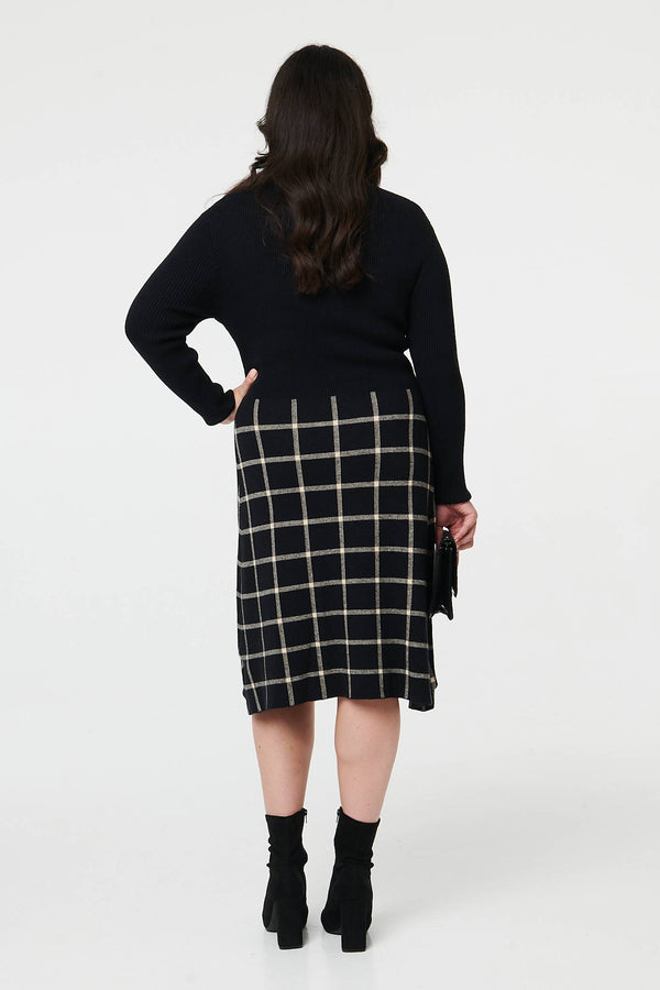Black | Curve Checked High Neck Knit Midi Dress