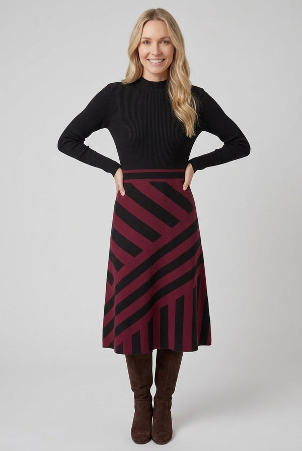 Burgundy | Geo Print High Neck Jumper Midi Dress