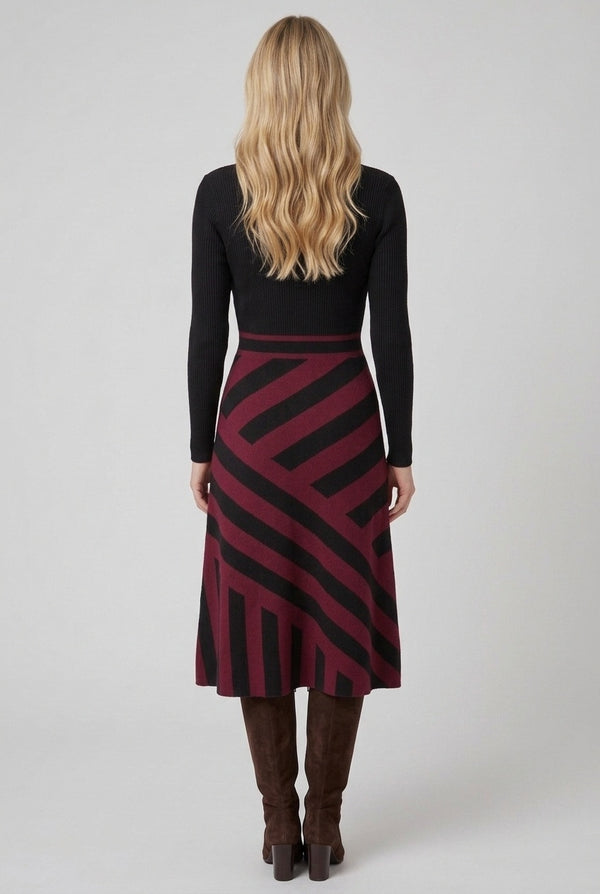 Burgundy | Geo Print High Neck Jumper Midi Dress