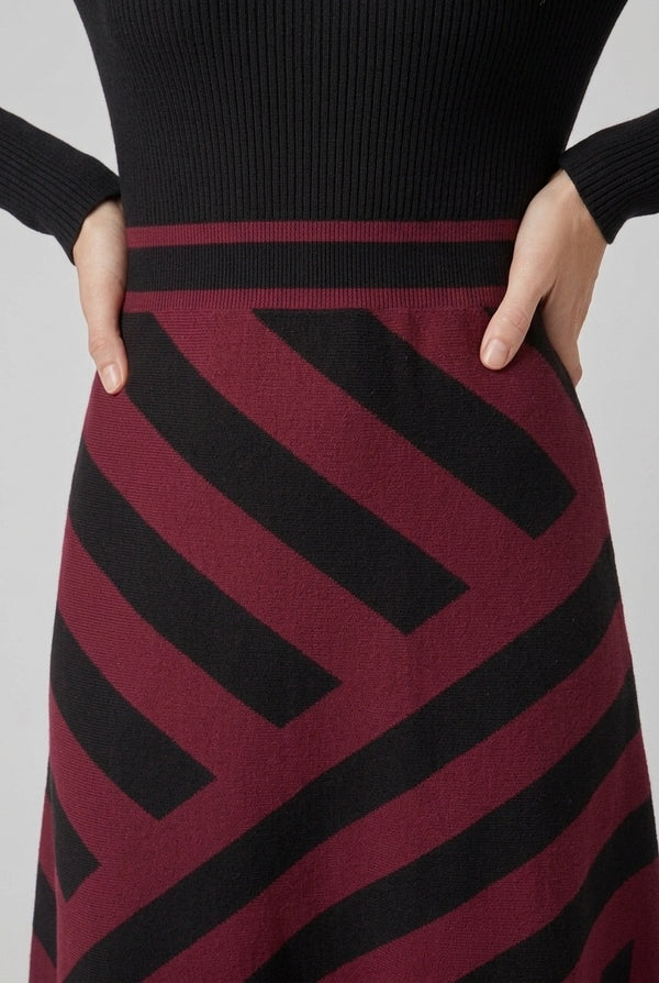 Burgundy | Geo Print High Neck Jumper Midi Dress