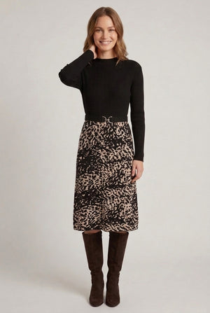 Black | Animal Print Belted Knit Midi Dress