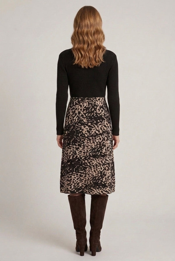 Black | Animal Print Belted Knit Midi Dress