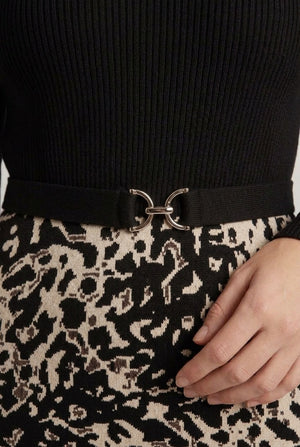 Black | Animal Print Belted Knit Midi Dress