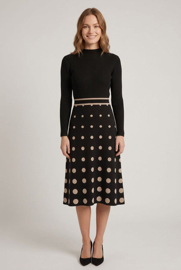 Black | Spotty Print High Neck Midi Jumper Dress