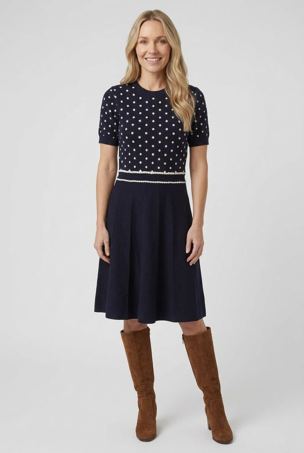 Navy | Polka Dot Print Knit Midi Skater Dress