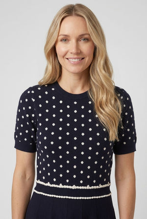 Navy | Polka Dot Print Knit Midi Skater Dress