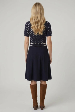 Navy | Polka Dot Print Knit Midi Skater Dress