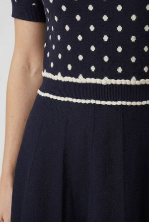 Navy | Polka Dot Print Knit Midi Skater Dress