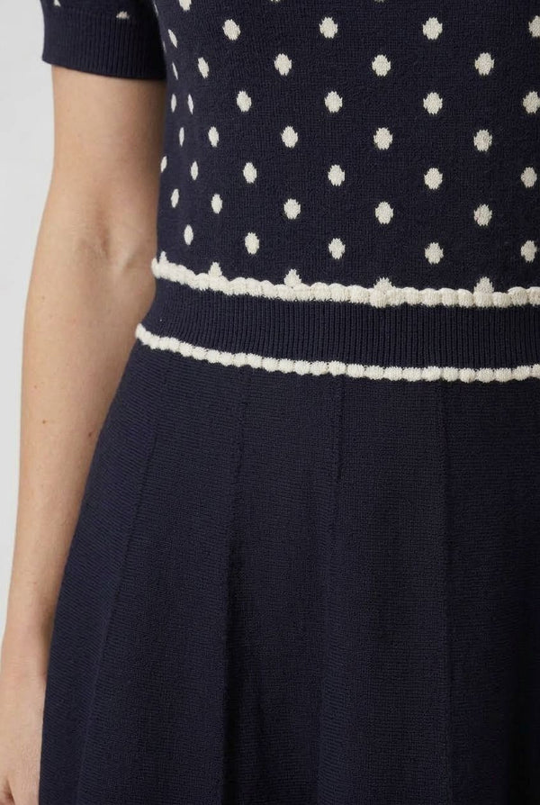 Navy | Polka Dot Print Knit Midi Skater Dress