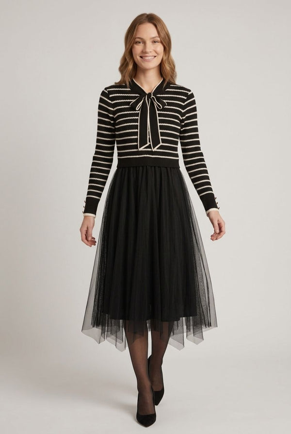 Black | Striped Mesh Layered Midi Jumper Dress