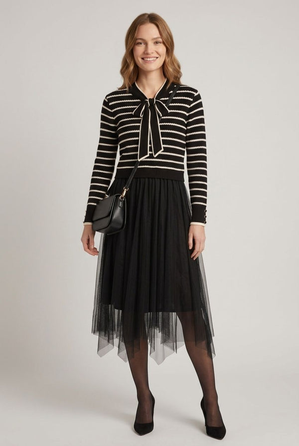 Black | Striped Mesh Layered Midi Jumper Dress