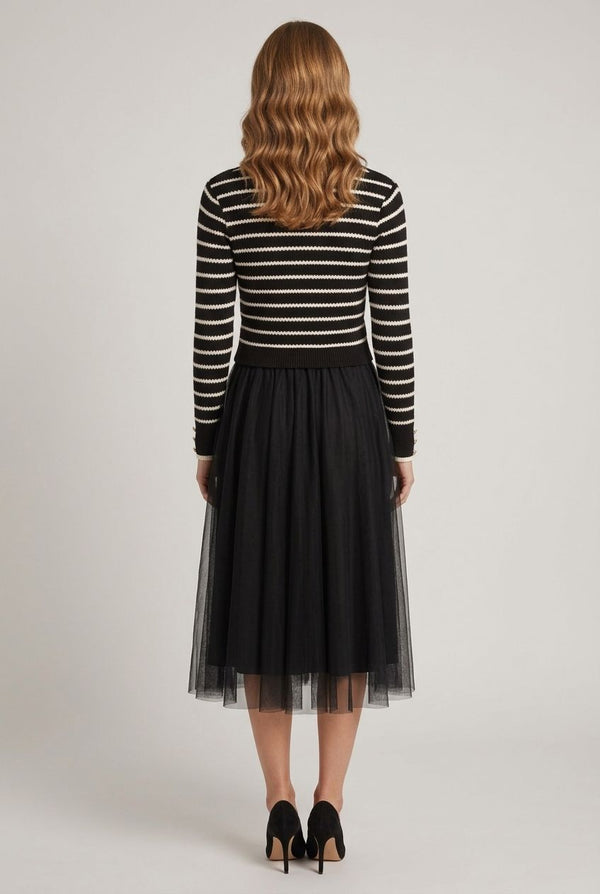Black | Striped Mesh Layered Midi Jumper Dress
