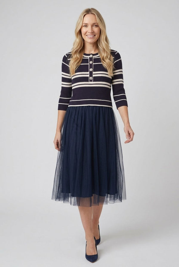 Navy | Striped Knit Mesh Texture Midi Dress