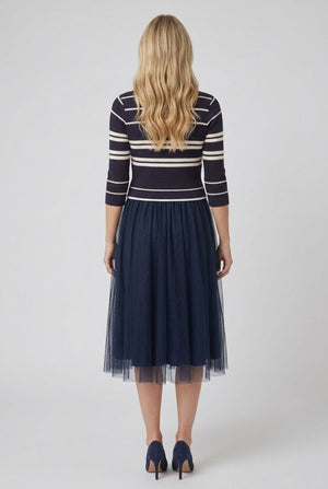 Navy | Striped Knit Mesh Texture Midi Dress