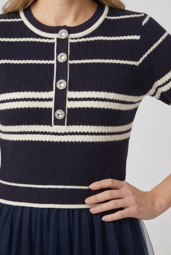 Navy | Striped Knit Mesh Texture Midi Dress