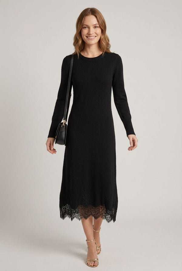 Black | Lace Hem Long Sleeve Midi Jumper Dress