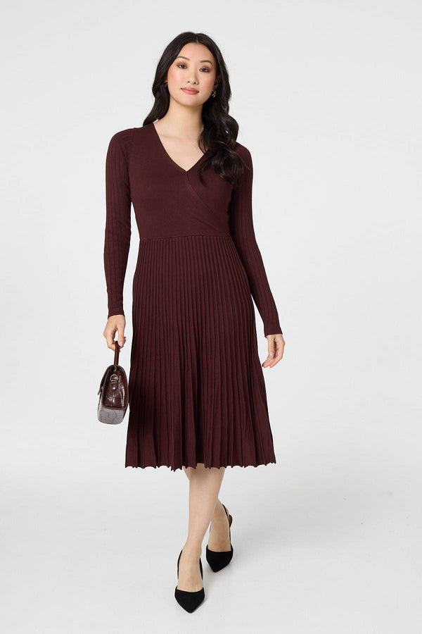 Brown | Pleated Knit Faux Wrap Midi Dress