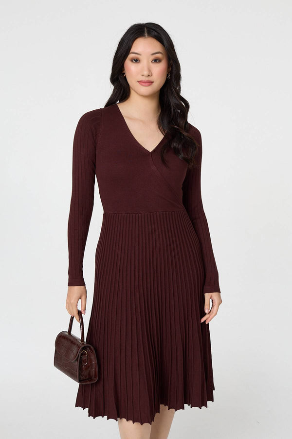 Brown | Pleated Knit Faux Wrap Midi Dress