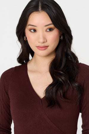 Brown | Pleated Knit Faux Wrap Midi Dress