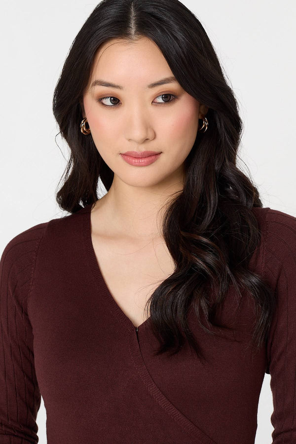 Brown | Pleated Knit Faux Wrap Midi Dress