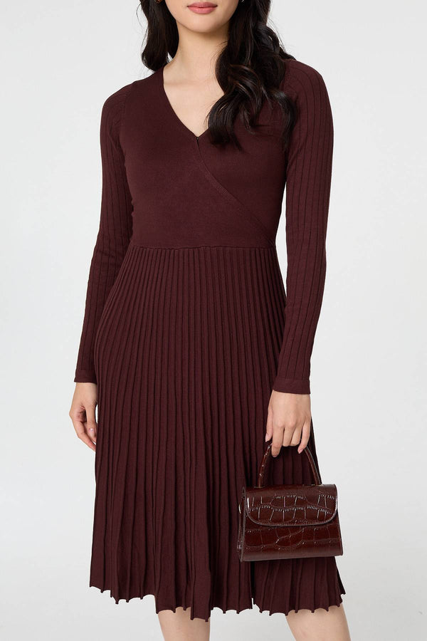 Brown | Pleated Knit Faux Wrap Midi Dress